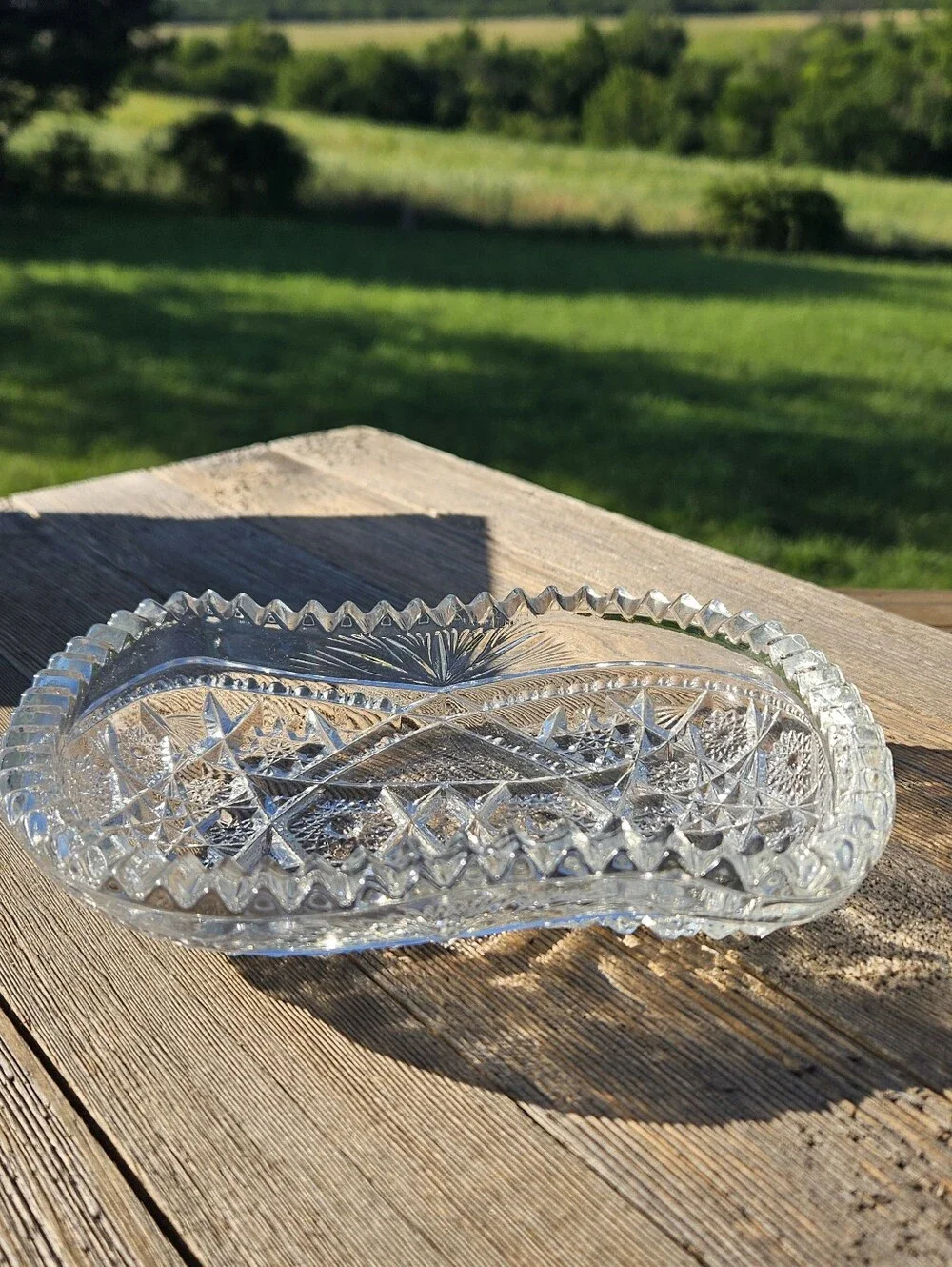Vintage Cut Glass Crystal Celery Dish Starburst Sawtooth Edge Relish Tray